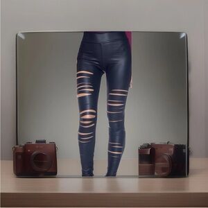 Faux Leather Distressed Leggings Cemi Cert Trendy Ripped Fashion Leggings